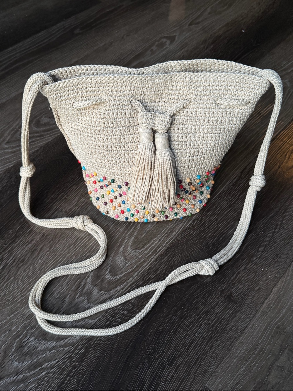 NWOT The Sak Beaded Bucket & Drawstring Bag Tassels Beige Multicolor beads